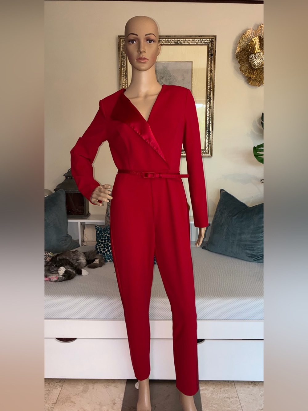 Elegant Red Long-Sleeve Jumpsuit with Belt